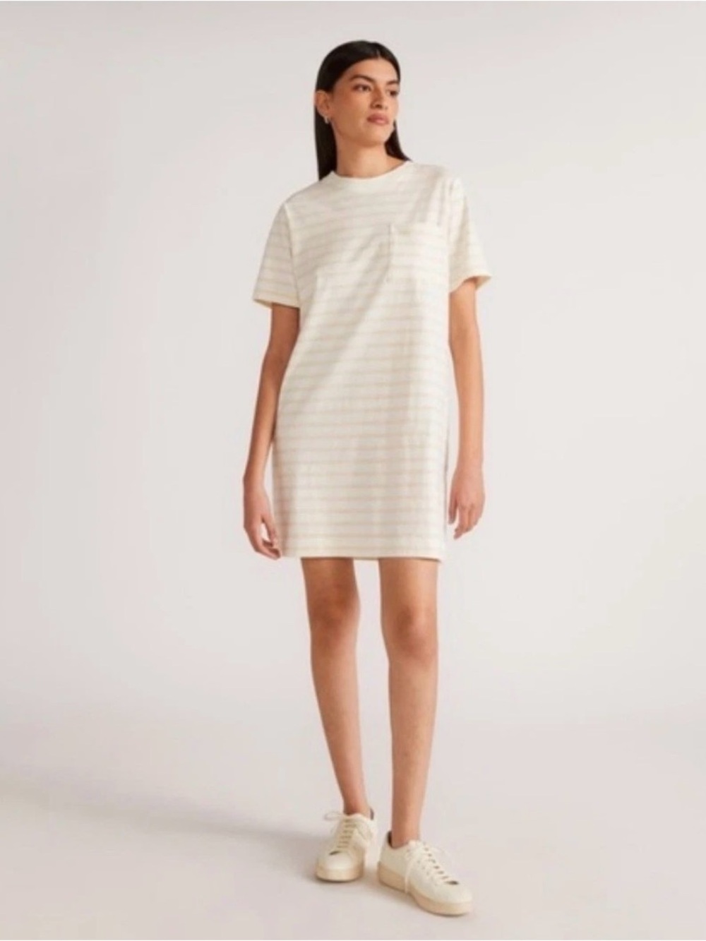 Everlane White & Tan Striped The Organic Cotton Weekend Tee Dress US S